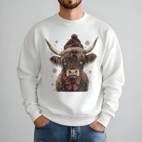 Western Farmhouse Cow Santa Hat Crewneck, Highland Cow Christmas Sweatshirt, Rustic Country Holiday Pullover, Winter Animal Sweater