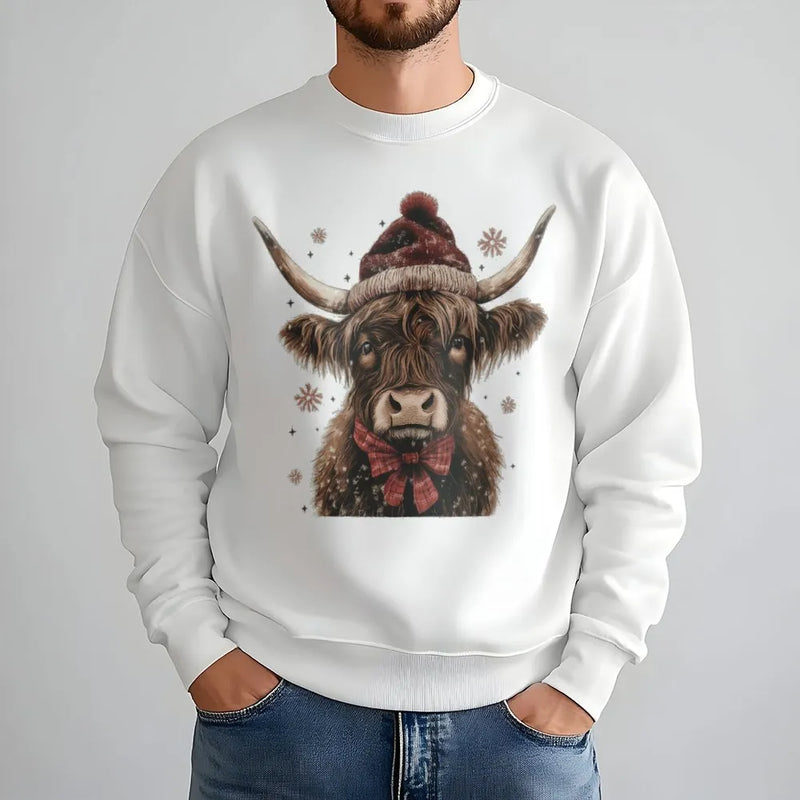 Western Farmhouse Cow Santa Hat Crewneck, Highland Cow Christmas Sweatshirt, Rustic Country Holiday Pullover, Winter Animal Sweater
