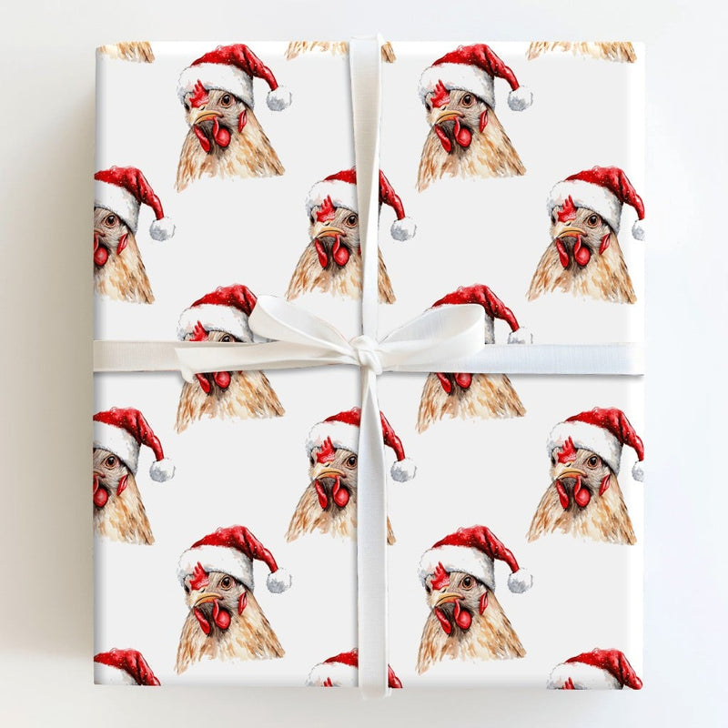 Santa Hat Farm Animal Gift Wrap Roll, Adorable Chicken Christmas Wrapping Paper, Farmhouse Holiday Wrapping Paper, Humorous Hen Xmas Gift Wrap