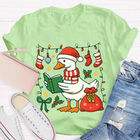 Humorous Holiday Bookworm Goose Shirt, Christmas Goose Reading Book T-Shirt, Adorable Winter Reading Tee, Book Lover Christmas Present T-Shirt
