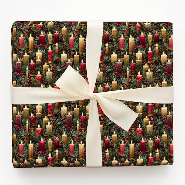 Holly Berry Gift Wrap, Vintage Christmas Candle Wrapping Paper, Traditional Holiday Present Wrap, Festive Winter Botanical Wr