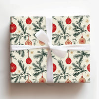 Vintage Pine Branch Gift Wrap, Red Ornament Wrapping Paper, Cream Christmas Snowflake Wrapping Paper, Retro Holiday Present Wrapping Paper