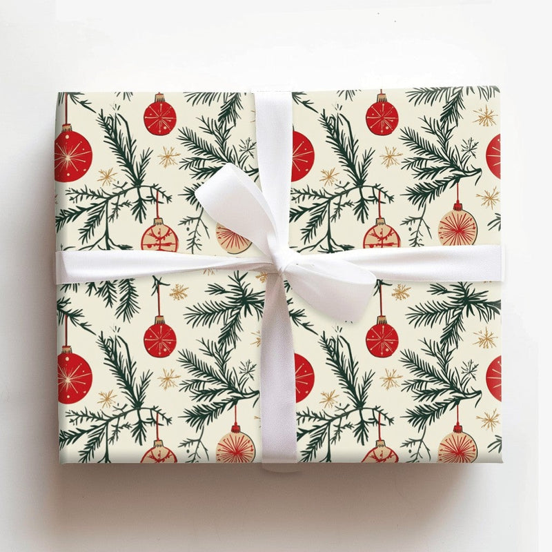 Vintage Pine Branch Gift Wrap, Red Ornament Wrapping Paper, Cream Christmas Snowflake Wrapping Paper, Retro Holiday Present Wrapping Paper