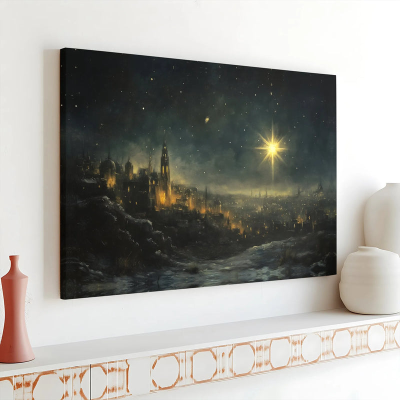 Nativity Christmas Religious Print, Star of Bethlehem Canvas Wall Art, Christian Landscape Bible Poster, Printable Holy Land Decor Present