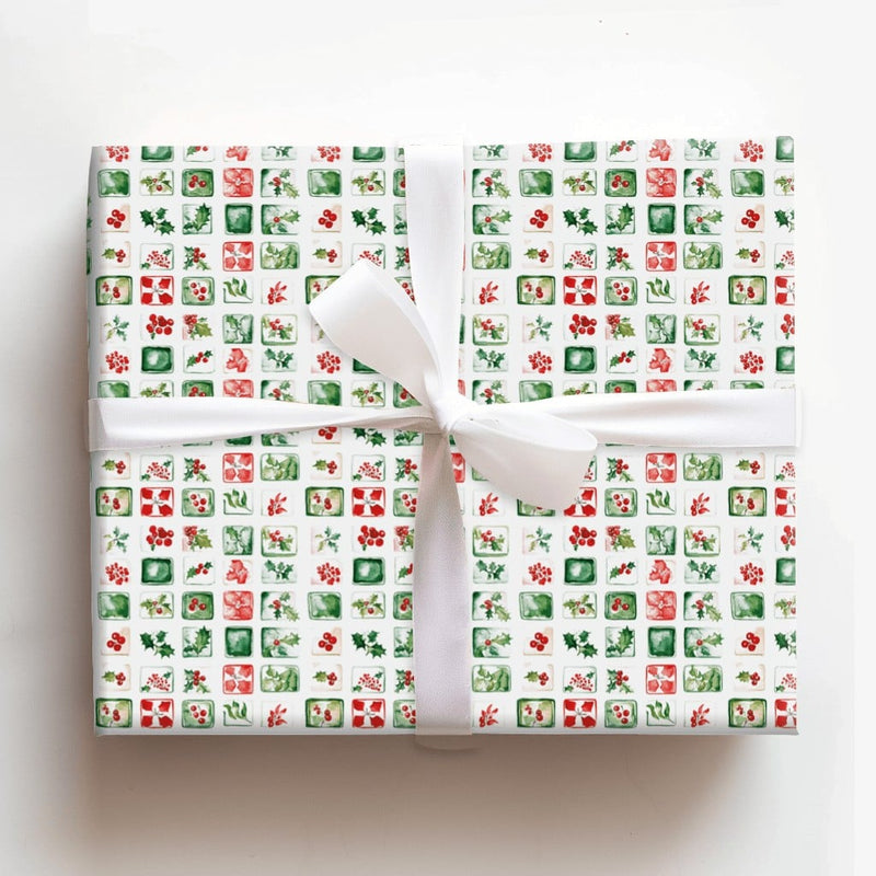 Botanical Grid Christmas Gift Wrap, Watercolor Holly Berry Wrapping Paper, Mistletoe Floral Wrapping Paper, Holiday Present Gift Wrap Roll