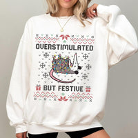 Overstimulated Festive Possum Holiday Sweater, Opossum Ugly Christmas Sweatshirt, Humorous Sarcastic Xmas Crewneck
