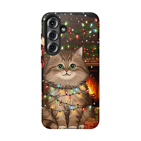 S23 S24 Kitten Holiday Lights Samsung Case, Christmas Cat Phone Case, Festive Dual Layer Tough Cover, Cat Lover Present for S