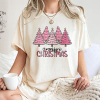 Pink Leopard Print Tree Graphic Tee, Merry Christmas T-Shirt, Adorable Holiday Season T-Shirt, Retro Womens Xmas Shirt, Family Holiday Present