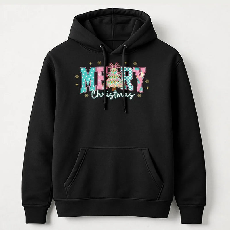 Pink Aesthetic Christmas Tree Sweatshirt, Merry Christmas Coquette Hoodie, Preppy Bow Holiday Pullover, Retro Xmas Hooded Sweater
