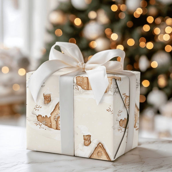 Snowy Cottage Holiday Gift Wrap, Winter Village Christmas Wrapping Paper, Watercolor Cabin Wrapping Paper, Comfy Seasonal Gif