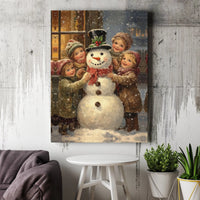 Vintage Christmas Canvas Print, Victorian Children Snowman Canvas Wall Art, Nostalgic Holiday Scene Art Digital Download Printable