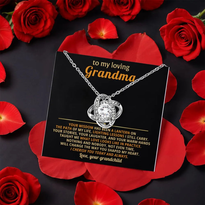 Grandmother CZ Love Knot Necklace, Grandma Love Knot Necklace, Rotating Rose Box Pendant Necklace, Birthday Christmas Present for Grandma