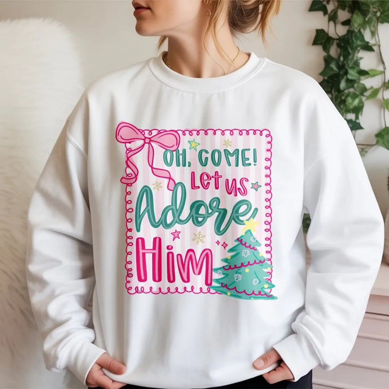Pink Coquette Christmas Crewneck, Oh Come Let Us Adore Him Sweatshirt, Nativity Christian Holiday Sweater, Girly Xmas Bow Pullover