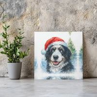 Christmas Puppy Watercolor Print, Santa Hat Dog Canvas Wall Art, Snowy Pine Forest Canvas, Festive Holiday Square Canvas Decor