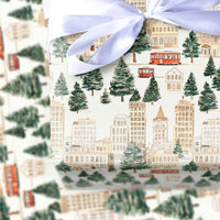 Red Trolley Christmas Gift Wrap, Winter Cityscape Wrapping Paper, Watercolor City Streetcar Wrapping Paper, Festive Holiday Gift Wrap Roll