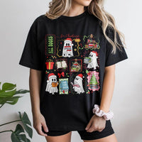 Adorable Reading Ghost Graphic Tee, Book Lover Christmas T-Shirt, Holiday Bookish Shirt, Spooky Reader Tee, Librarian Christmas Apparel Present