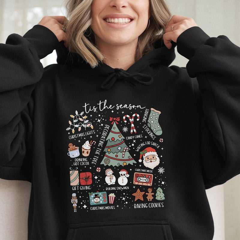Festive Holiday Doodle Hoodie, Tis the Season Christmas Hoodie, Winter Xmas Hooded Sweatshirt, Retro Holiday Pullover Hoodie, Comfy Xmas Present