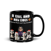 Adorable Cartoon Girl and Dogs Santa Mug, Personalized Dog Mom Coffee Mug, Christmas Holiday Dog Parent Ceramic Cup, Winter Dog Lover Present