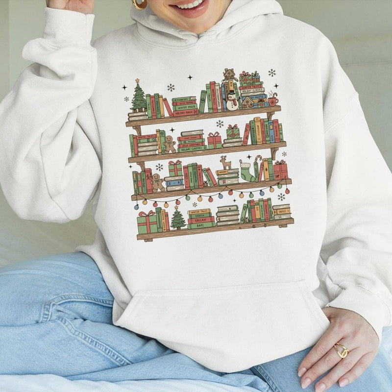 Comfy Festive Librarian Reading Sweatshirt, Christmas Book Shelf Hoodie, Holiday Book Lover Pullover, Booktok Xmas Hooded Sweater