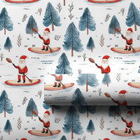 Winter Forest Holiday Gift Wrap, Paddleboarding Santa Wrapping Paper, Outdoor Santa Claus Paper, Christmas Present Wrapping Paper Roll