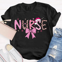 Nurse Christmas Shirt, School Nurse Santa Hat Pink Bow Shirt, Festive Holiday Medical Tee, Adorable Coquette Nurse Graphic Shirt