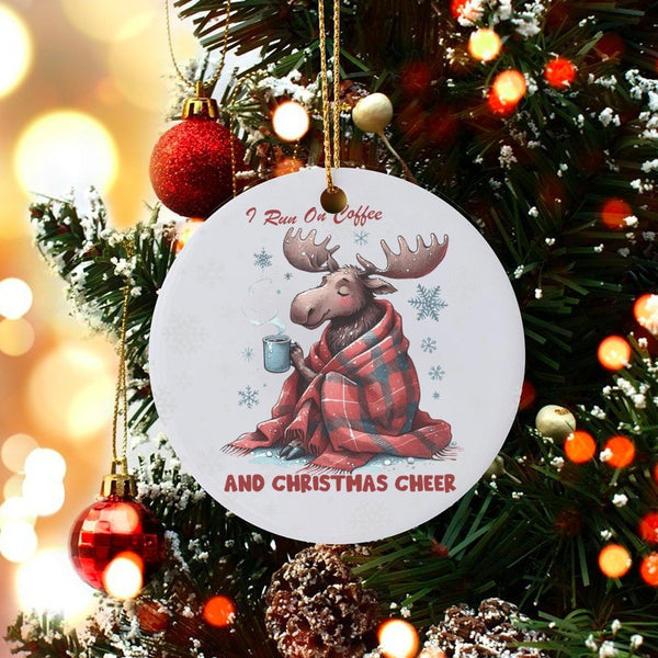 Coffee Lover Holiday Ornament, Moose Christmas Ornament, Buffalo Plaid Winter Ornament, Ceramic Tree Hanging Ornament, Comfy 