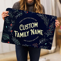 Custom Family Name Xmas Door Mat, Personalized Merry Christmas Doormat, Festive Holiday Welcome Rug, Winter Front Porch Decor Present