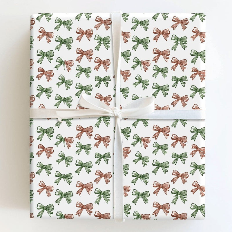 Red and Green Ribbon Gift Wrap, Hand Drawn Bows Wrapping Paper, Festive Christmas Bows Wrapping Paper, Holiday Present Wrapping Paper