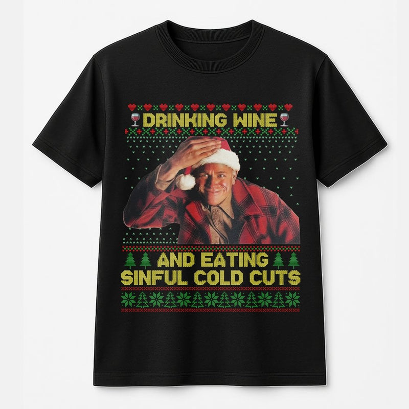 Humorous True Crime Christmas T-Shirt, Drinking Wine Eating Sinful Cold Cuts T-Shirt, Retro Horror Fan Holiday T-Shirt, Xmas Graphic Tee