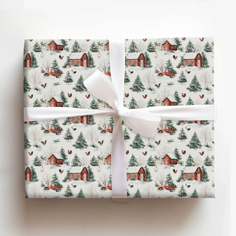 Rustic Farmhouse Christmas Gift Wrap, Vintage Red Truck Wrapping Paper, Watercolor Barn Holiday Wrapping Paper, Country Winter Present Wrap