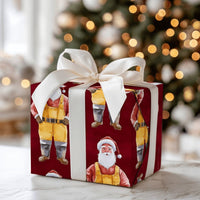 Whimsical Santa Claus Gift Wrap, Yellow Overalls Santa Wrapping Paper, Red Background Christmas Wrapping Paper, Holiday Present Paper Roll