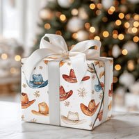 Western Holiday Gift Wrap, Watercolor Cowboy Hat Wrapping Paper, Rustic Country Christmas Present Wrap, Snowflake Festive Present Paper