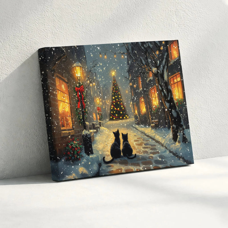 Snowy Village Holiday Street Canvas Wall Art, Black Cat Christmas Canvas Print, Winter Cat Landscape Canvas, Holiday Home Decor Present