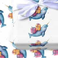 Adorable Ocean Animal Gift Wrap, Watercolor Narwhal Christmas Wrapping Paper, Birthday Present Wrapping Paper, Whimsical Holiday Gift Wrap Roll