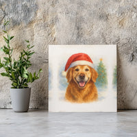 Santa Hat Dog Canvas Art, Golden Retriever Christmas Square Canvas, Watercolor Puppy Canvas Print, Holiday Pet Wall Art Decor Present