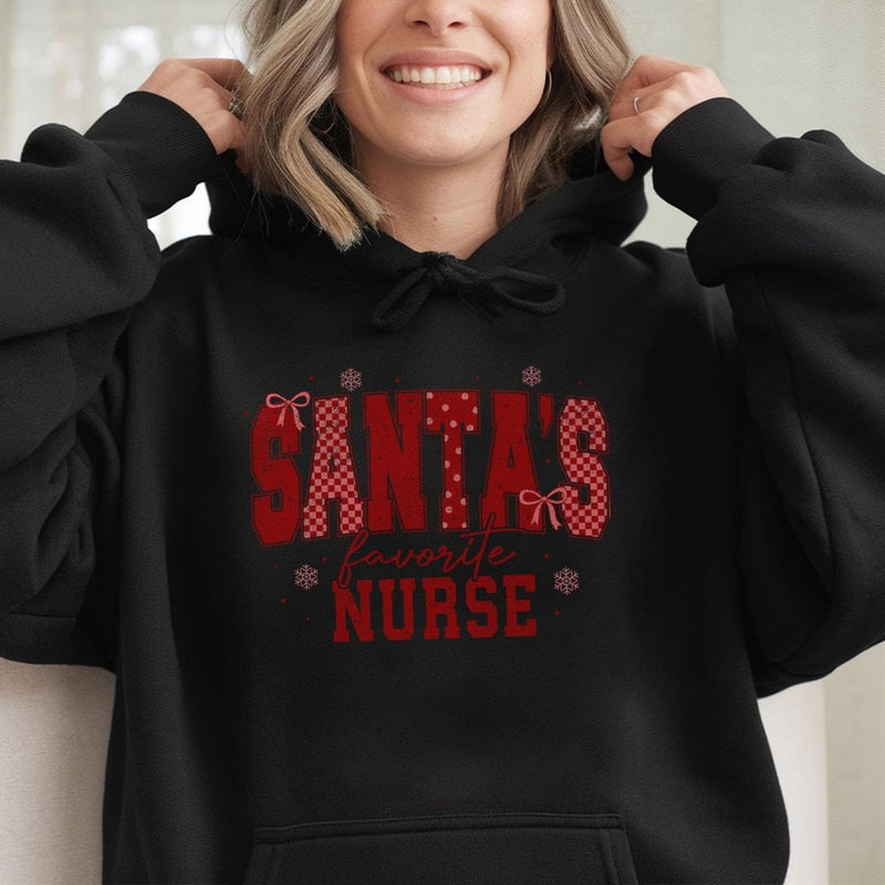 Plaid Nurse Christmas Sweatshirt, Santa's Favorite Nurse Hoodie, Humorous Nurse Holiday Pullover Hoodie, Xmas Healthcare Worker Hooded Sweater