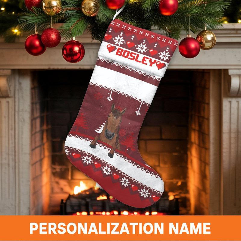 Fair Isle Velboa Stocking, Personalized Horse Christmas Stocking, Custom Name Equestrian Holiday Decor, Fireplace Christmas Stocking