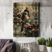 Bird in Scarf Snowy Holly Poster, Winter Cardinal Wall Art Print, Vintage Christmas Bird Painting, Comfy Holiday Print, Digital Download