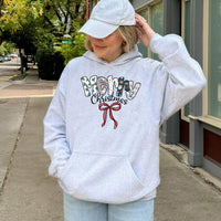 Patterned Lettering Holiday Hoodie, Merry Christmas Hoodie, Festive Winter Graphic Hoodie, Comfy Xmas Pullover Sweatshirt, Holiday Party Present