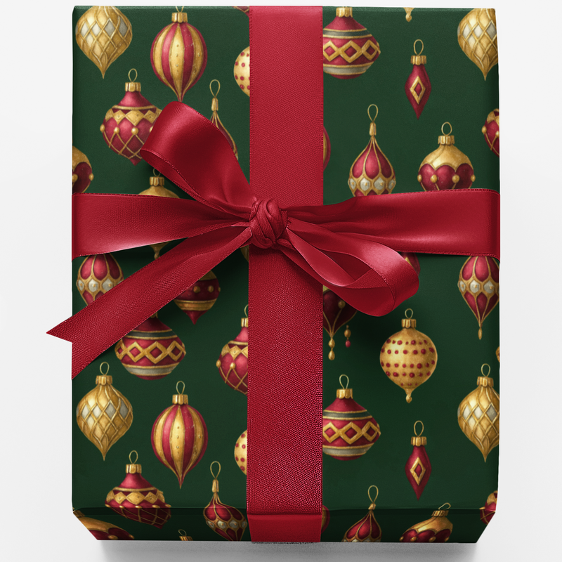 Classic Holiday Ornament Gift Wrap Roll, Vintage Christmas Baubles Wrapping Paper, Retro Christmas Wrapping Paper, Festive Present Wrap