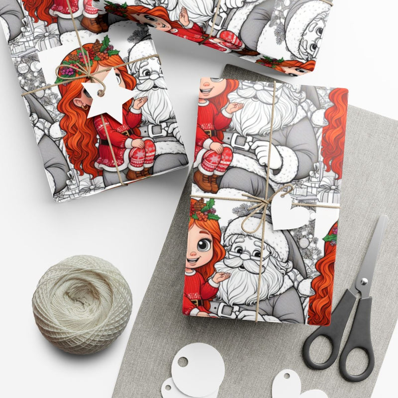 Adorable Holiday Gift Wrap Roll, Santa and Girl Christmas Wrapping Paper, Festive Present Paper for Kids, Xmas Gift Wrapping Paper Roll