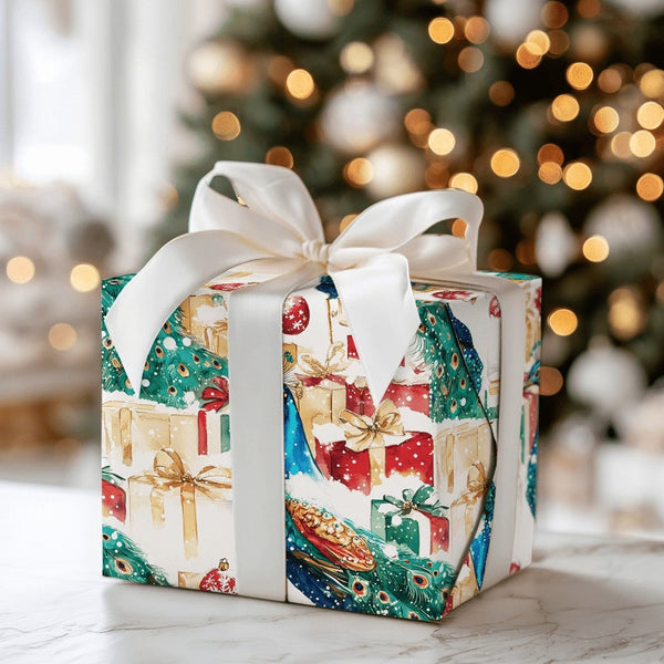Watercolor Holiday Bird Gift Wrap, Christmas Peacock Wrapping Paper, Elegant Festive Present Paper, Botanical Xmas Gift Wrapp