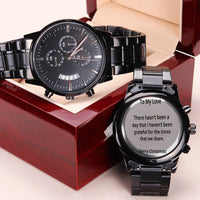 Custom Engraved Black Watch, Personalized Chronograph Watch, Stainless Steel Quartz Wrist Watch, Christmas Present, Anniversary Present