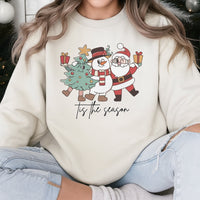 Retro Santa Snowman Tree Holiday Crewneck, Tis the Season Christmas Sweatshirt, Vintage Christmas Sweater, Family Xmas Sweatshirt