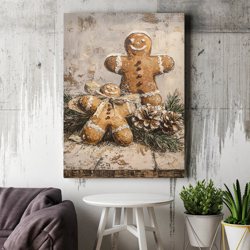 Rustic Christmas Kitchen Canvas Print, Gingerbread Men Canvas Wall Art, Impasto Holiday Wall Art, Festive Winter Baker Canvas Decor