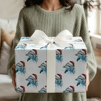 Watercolor Christmas Dolphin Wrapping Paper, Santa Hat Dolphin Wrapping Paper, Coastal Beach Holiday Wrapping Paper, Ocean Animal Gift Wrap