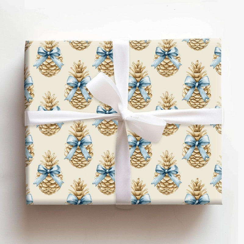 Blue Bow Winter Gift Wrap, Rustic Pinecone Christmas Wrapping Paper, Watercolor Pinecone Wrapping Paper, Elegant Holiday Gift Wrapping Paper