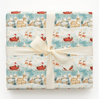 Vintage Snowy Village Gift Wrap, Santa Sleigh Christmas Wrapping Paper, Watercolor Reindeer Holiday Gift Wrapping Paper, Winter Present Wrap