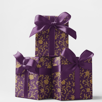 Purple Gold Gift Wrap Roll, Baroque Floral Wrapping Paper, Botanical Scroll Present Paper, Elegant Christmas Gift Wrap, Wedding Gift Wrap