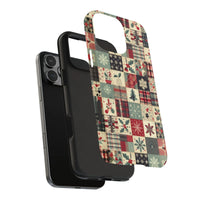 Holiday Quilt Pattern Phone Cover, Vintage Christmas Patchwork iPhone Case, Retro Winter Festive Phone Case, Dual Layer Xmas Present